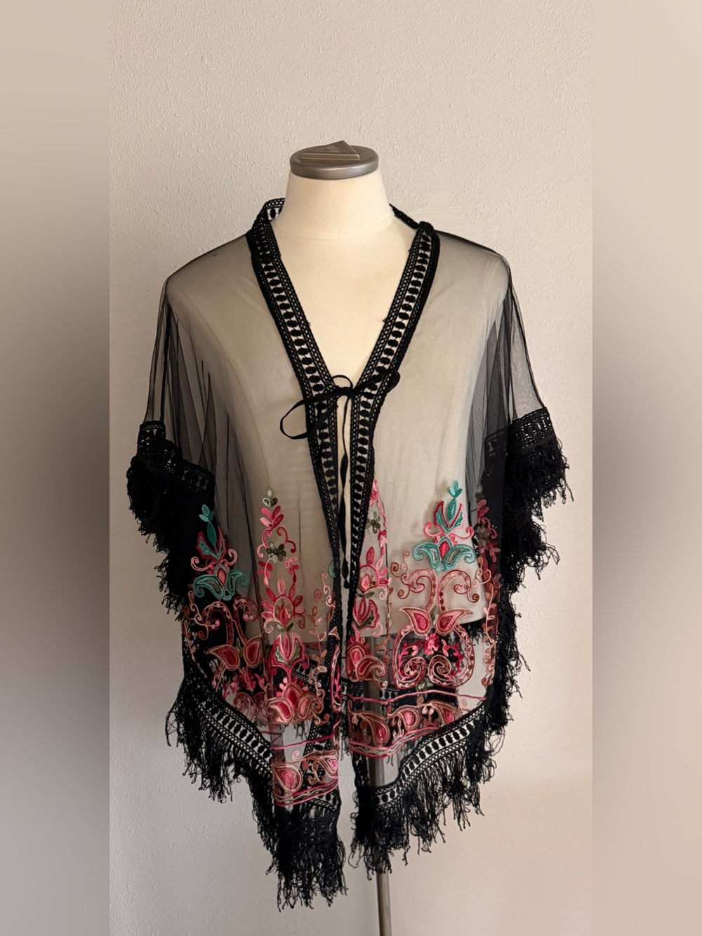 Asha Black Sheer Embroidered Fringe Swim Cover-Up One Size